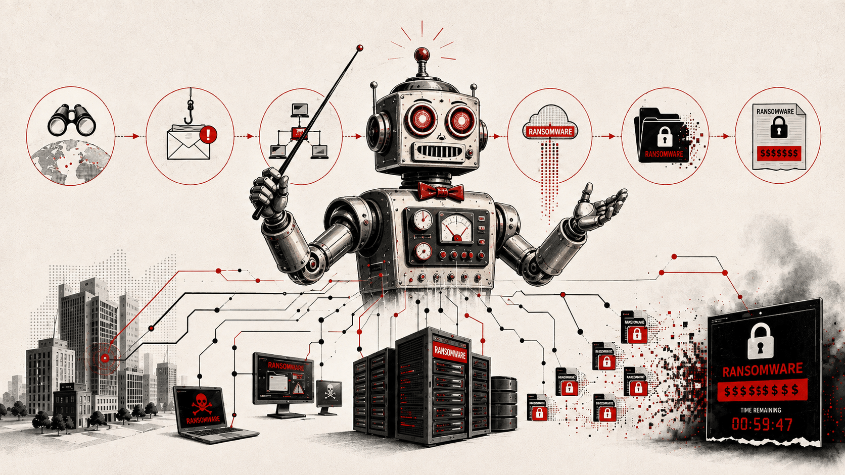 Retro robot AI agent orchestrating an autonomous ransomware attack from initial access through encryption and extortion