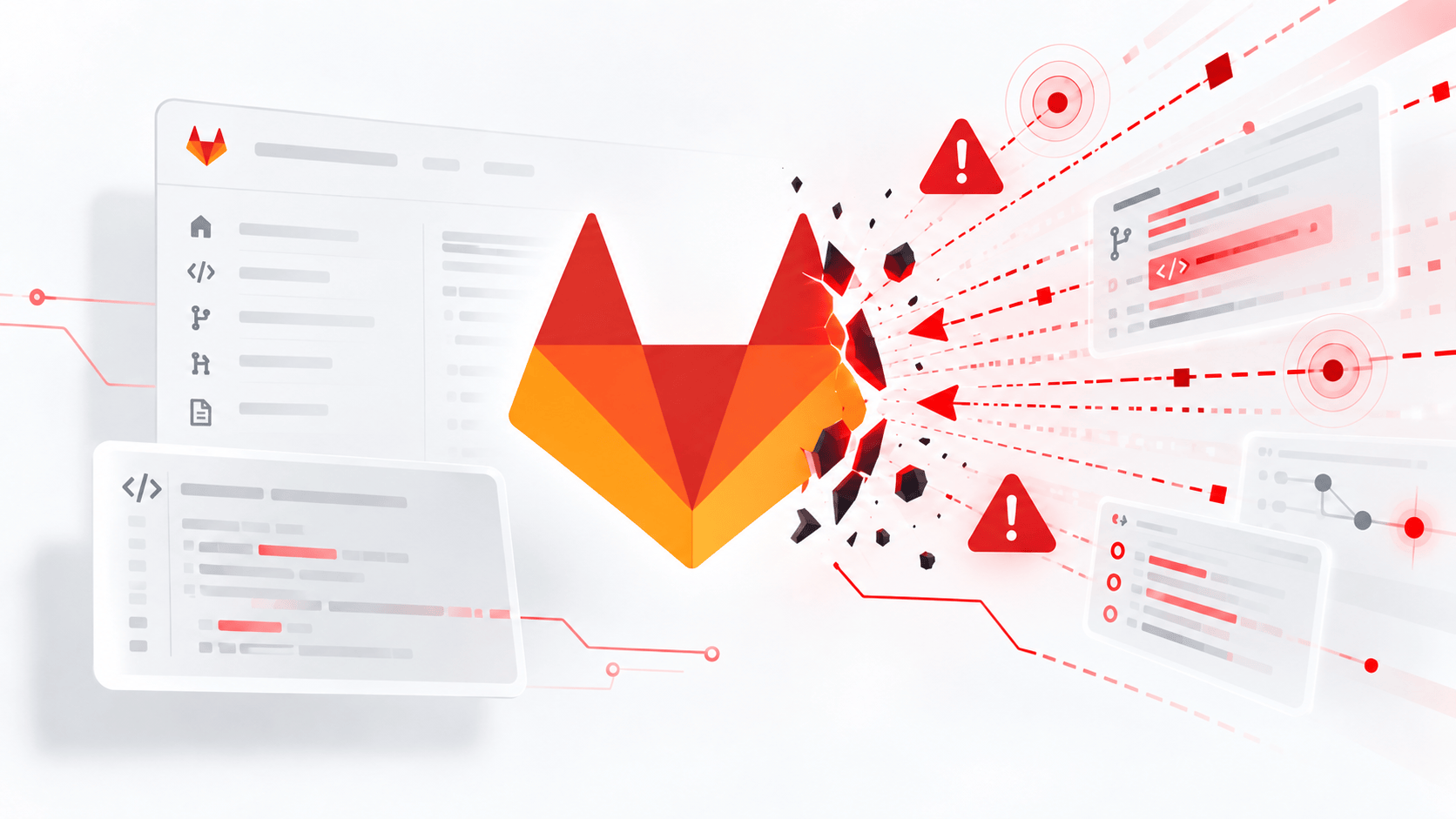 GitLab logo cracking apart with red warning icons and code fragments, illustrating a critical security vulnerability