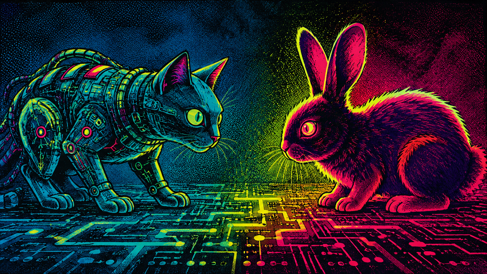 Cybernetic cat and rabbit facing off on a circuit board representing PollCat and NodeRabbit malware.