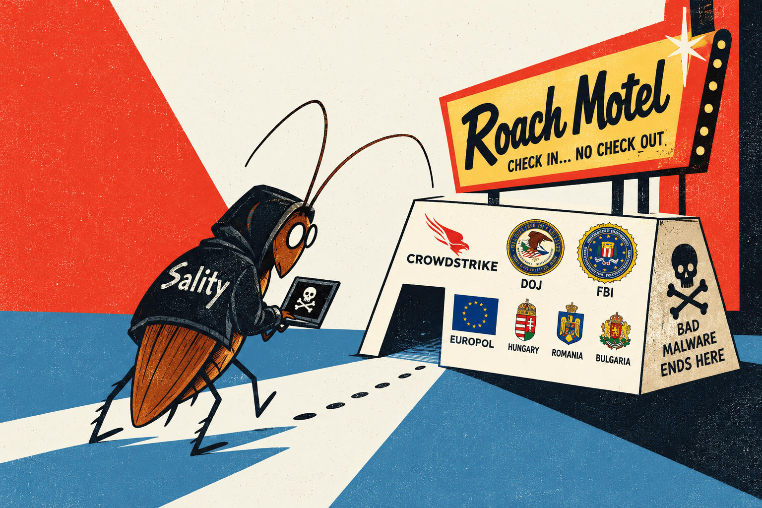 Illustration of the Sality botnet as a hooded cockroach carrying a laptop toward a law enforcement roach trap.