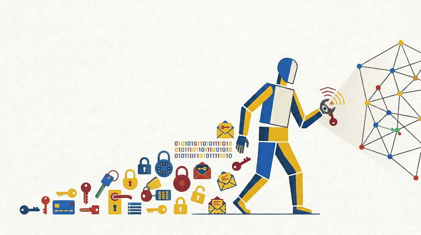 Stylized robot interacting with a connected digital network and security symbols