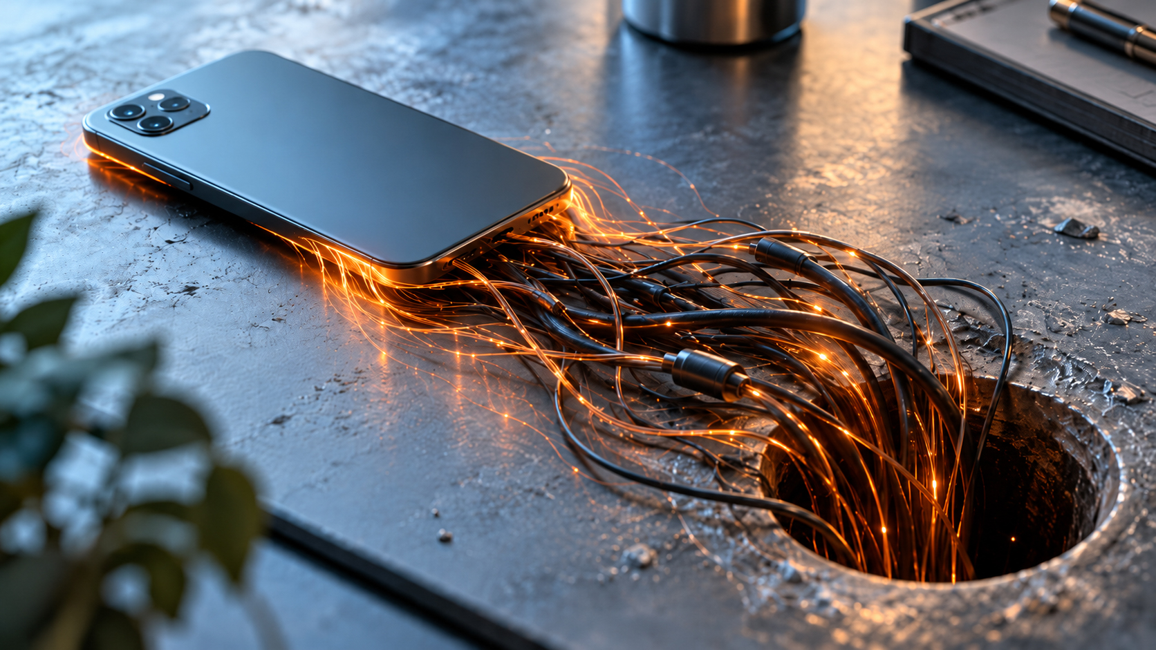 Illustration of an unbranded smartphone face-down on a dark desk, with glowing orange threads running from it into a tangle of cables that drains into a hole in the desk.
