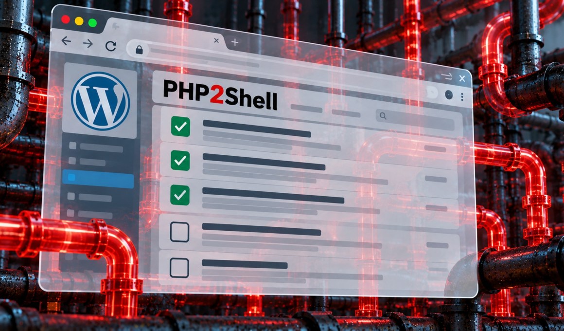 PHP2Shell illustration: a WordPress dashboard showing a half-finished checklist in front of dark industrial pipes glowing red