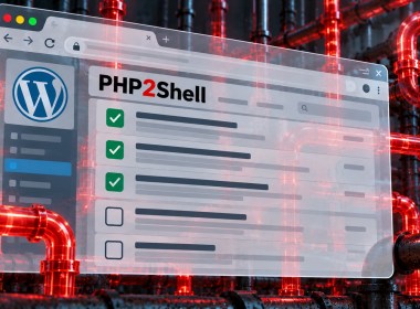 PHP2Shell illustration: a WordPress dashboard showing a half-finished checklist in front of dark industrial pipes glowing red