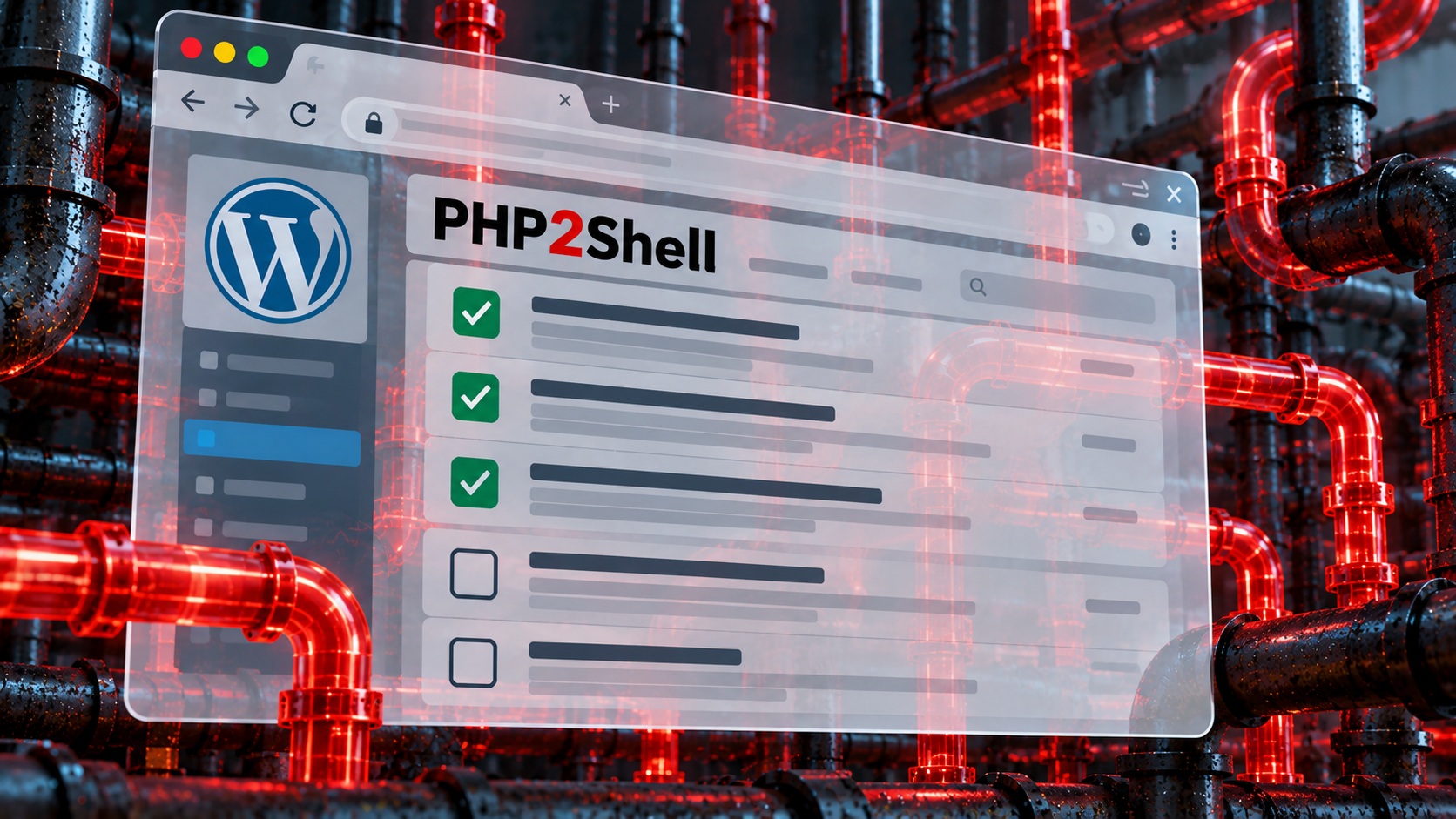 PHP2Shell illustration: a WordPress dashboard showing a half-finished checklist in front of dark industrial pipes glowing red
