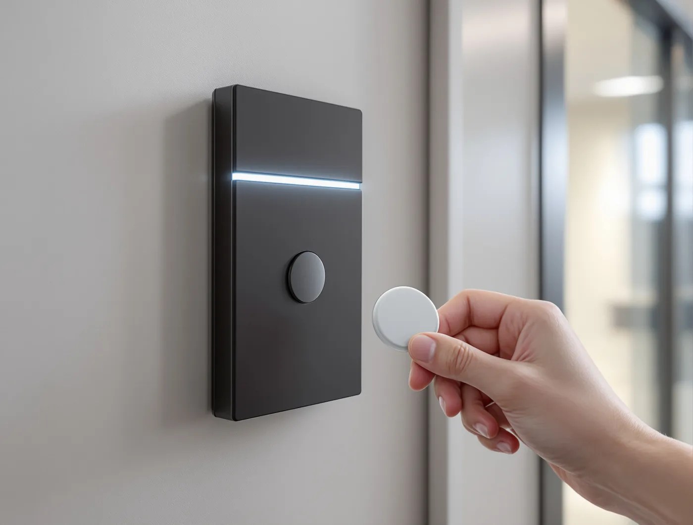 A fob presented to an access control reader beside a door