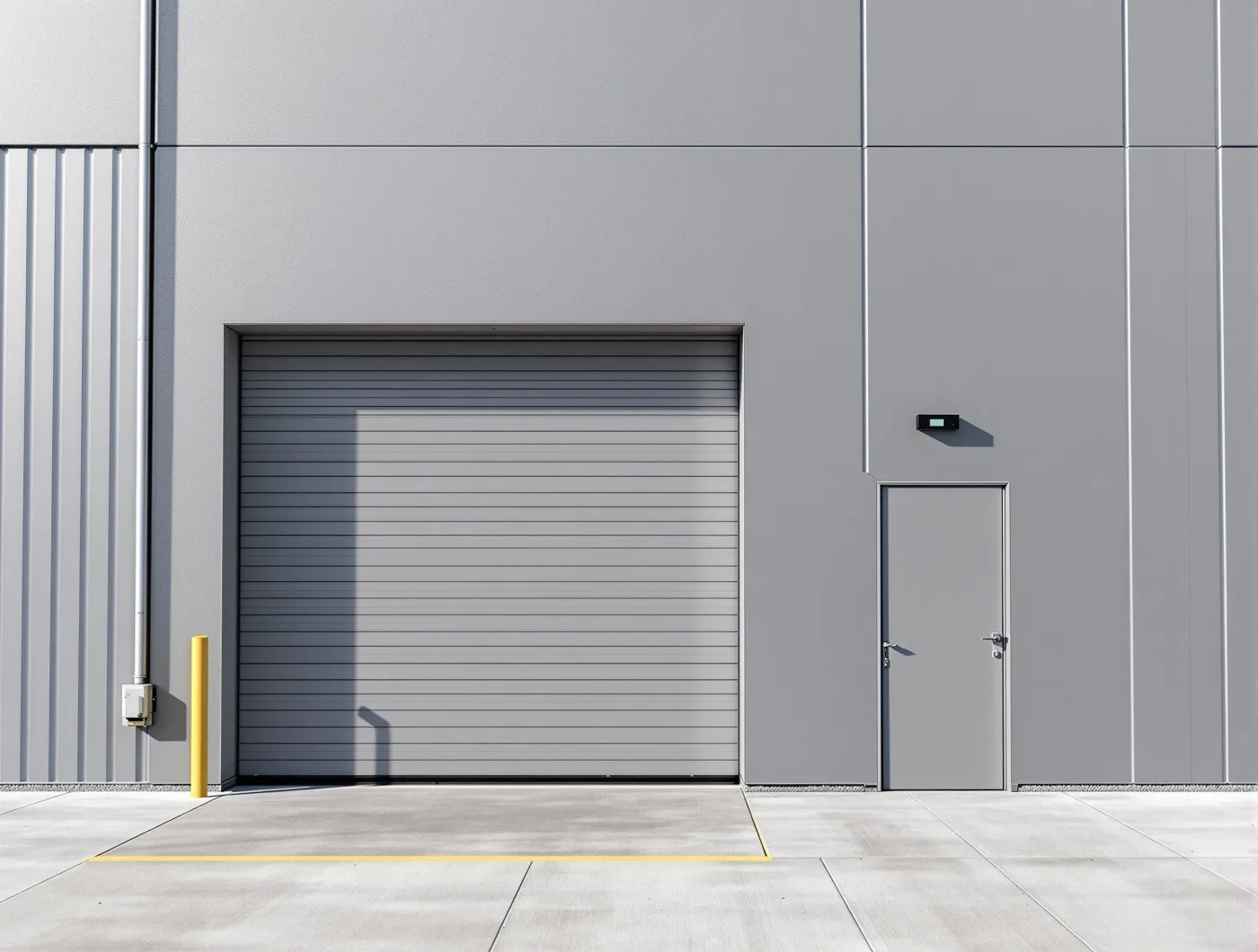 Personnel door beside a roller shutter at a warehouse loading dock