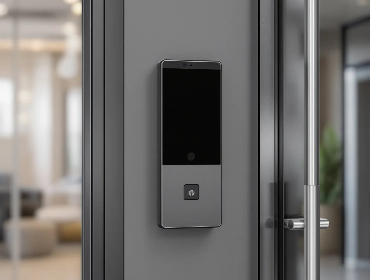 Door-entry terminal with an unlit screen, camera lens and fingerprint pad beside a glass door