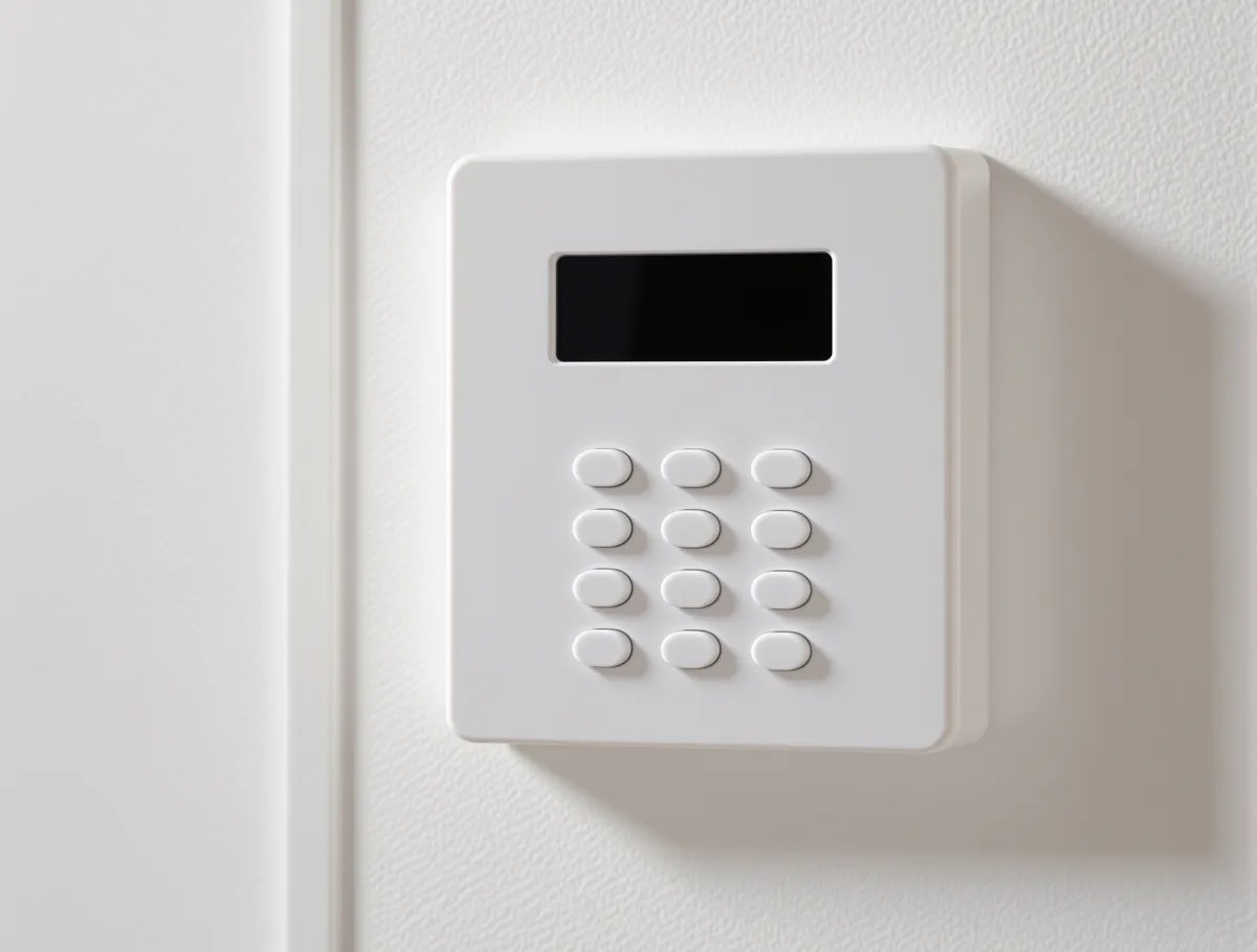 Wall-mounted intrusion alarm keypad panel with an unlit display and blank keys