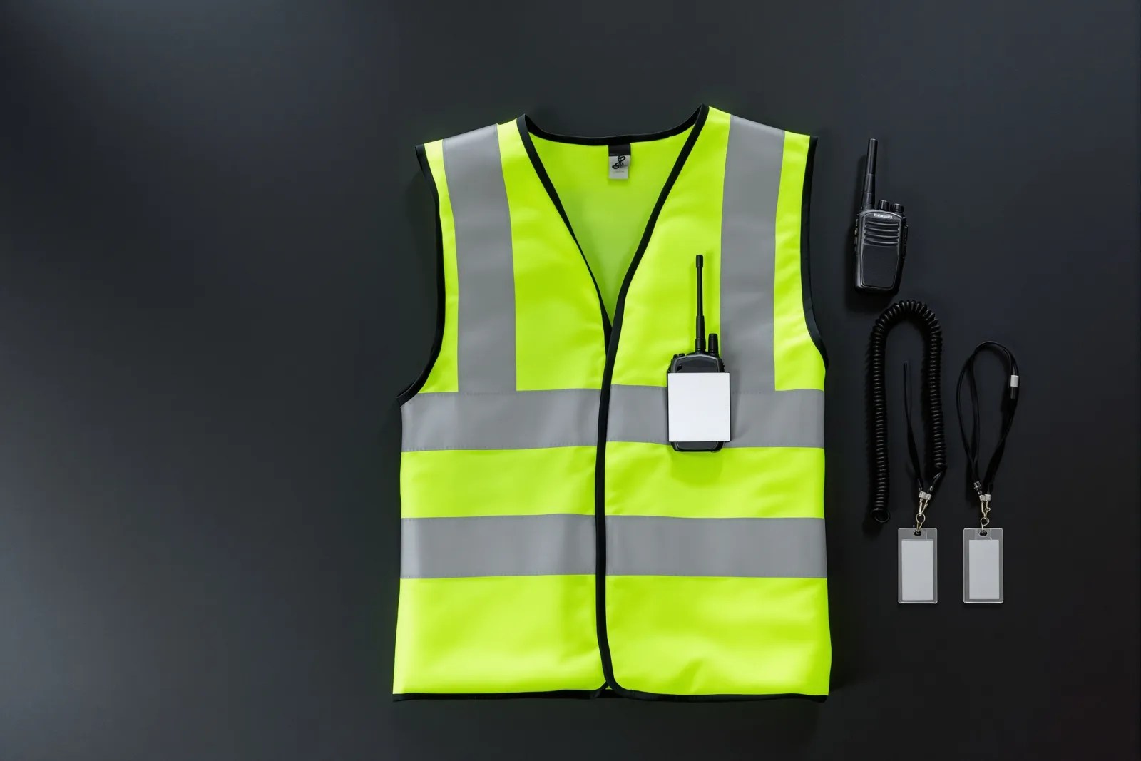 Event security kit laid out before a shift: hi-vis vest, two-way radio, earpiece and lanyards