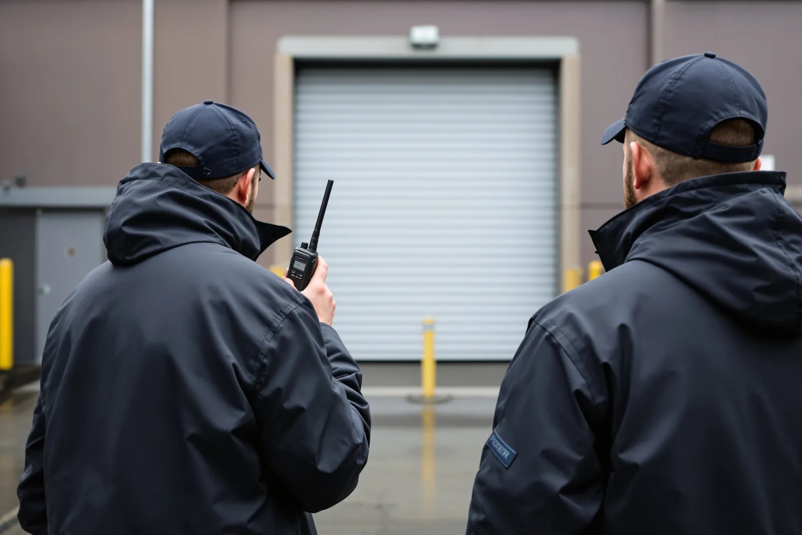 Two security guards seen from behind at a loading dock during a shift handover