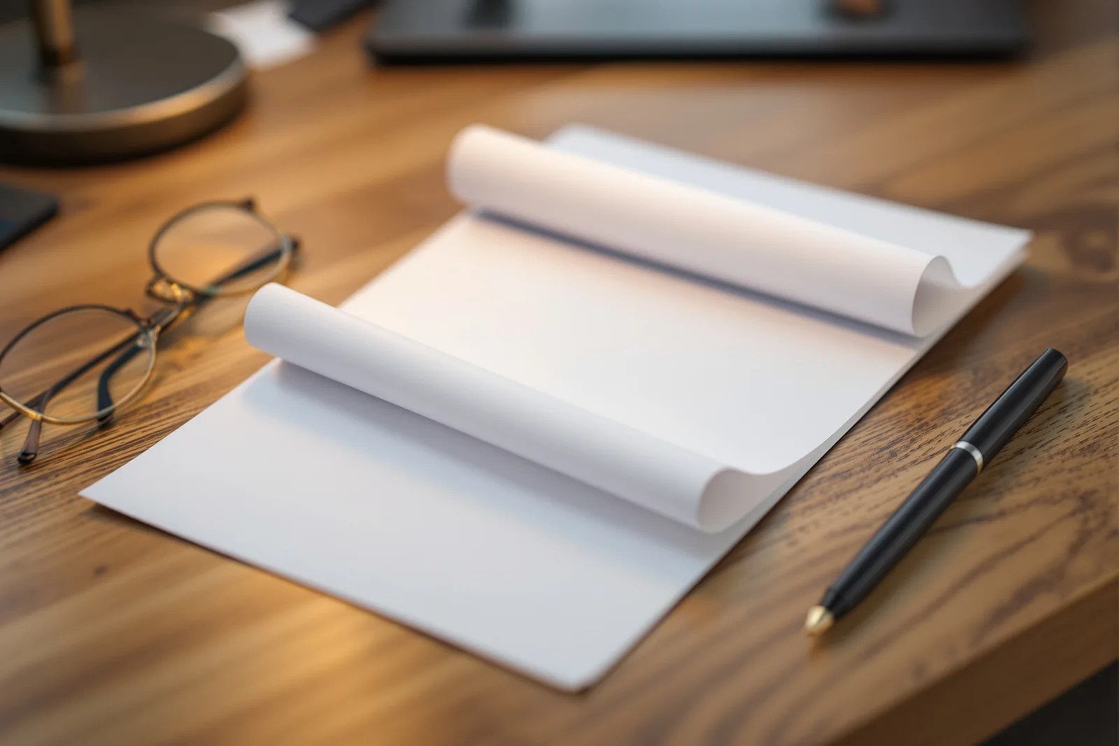 Flat-lay of a stapled contract document, pen and glasses on an office desk