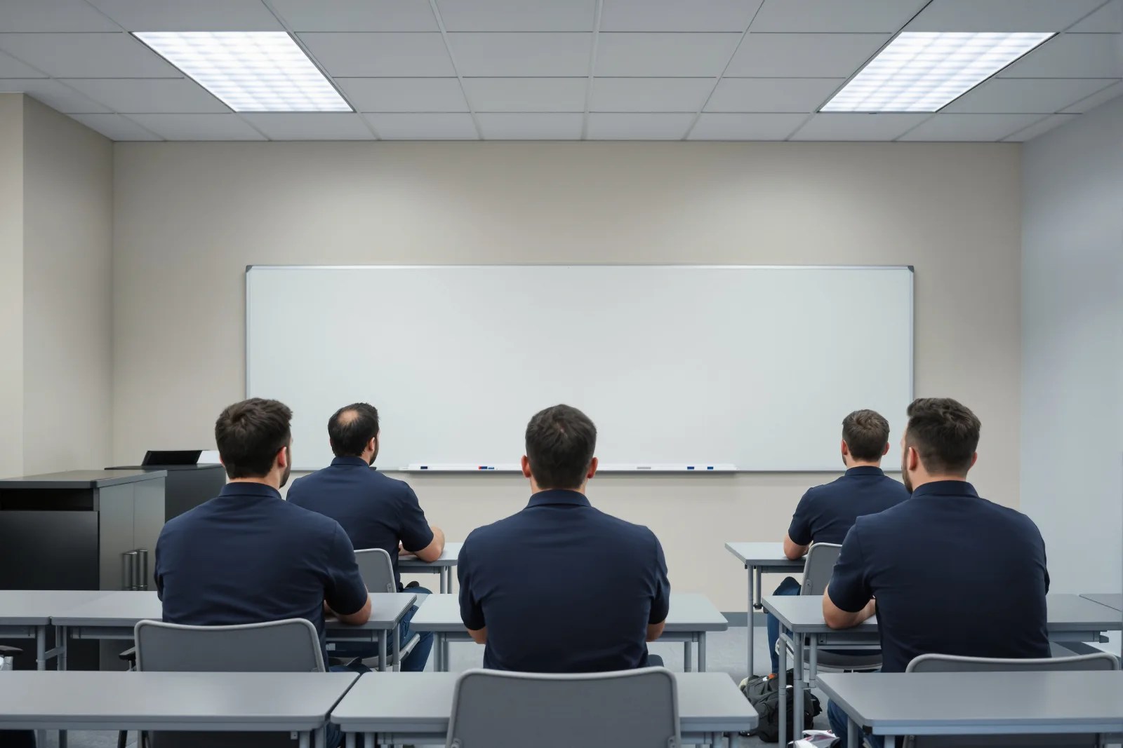 Trainees in plain polo shirts seated in a security training room, seen from the back