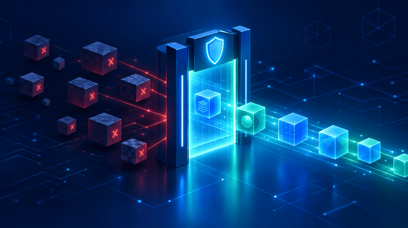 Conceptual illustration of a gate allowing only approved application blocks through on a navy background.