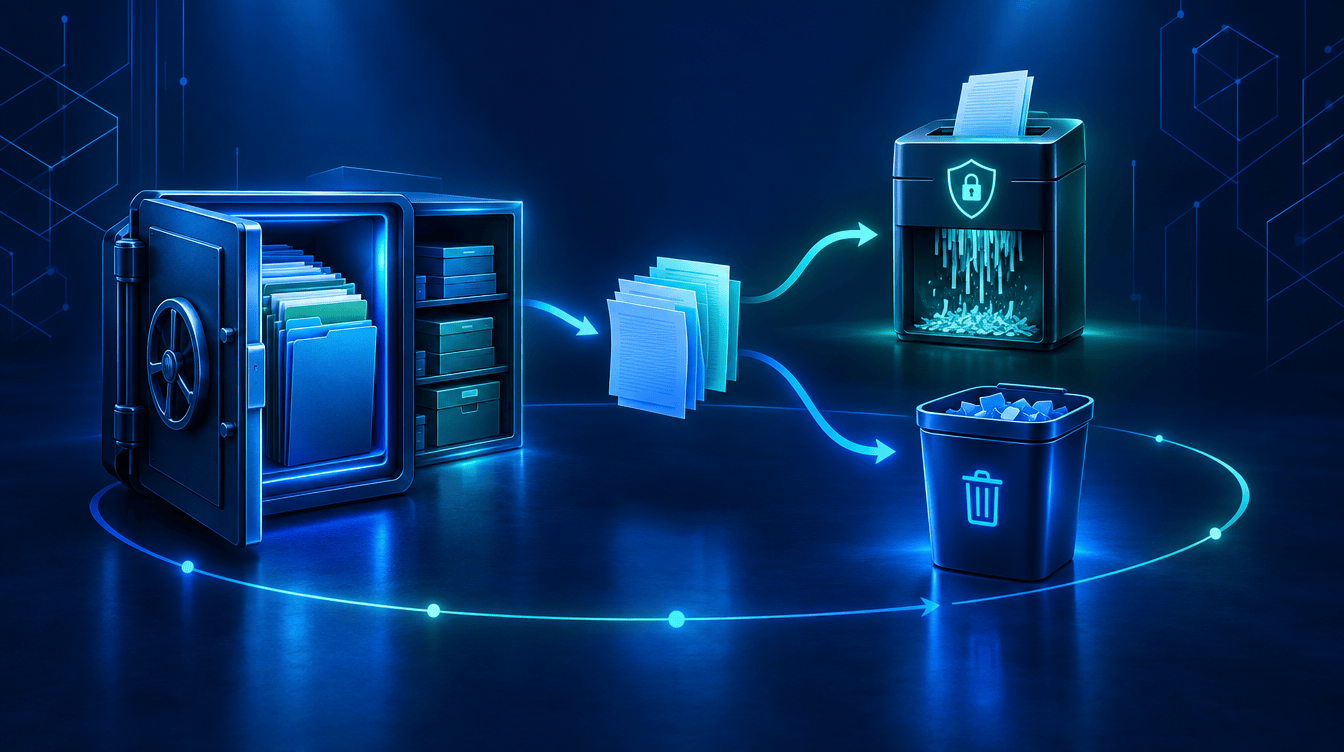 Conceptual illustration of documents sorted into keep and delete bins as a data lifecycle on a navy background.