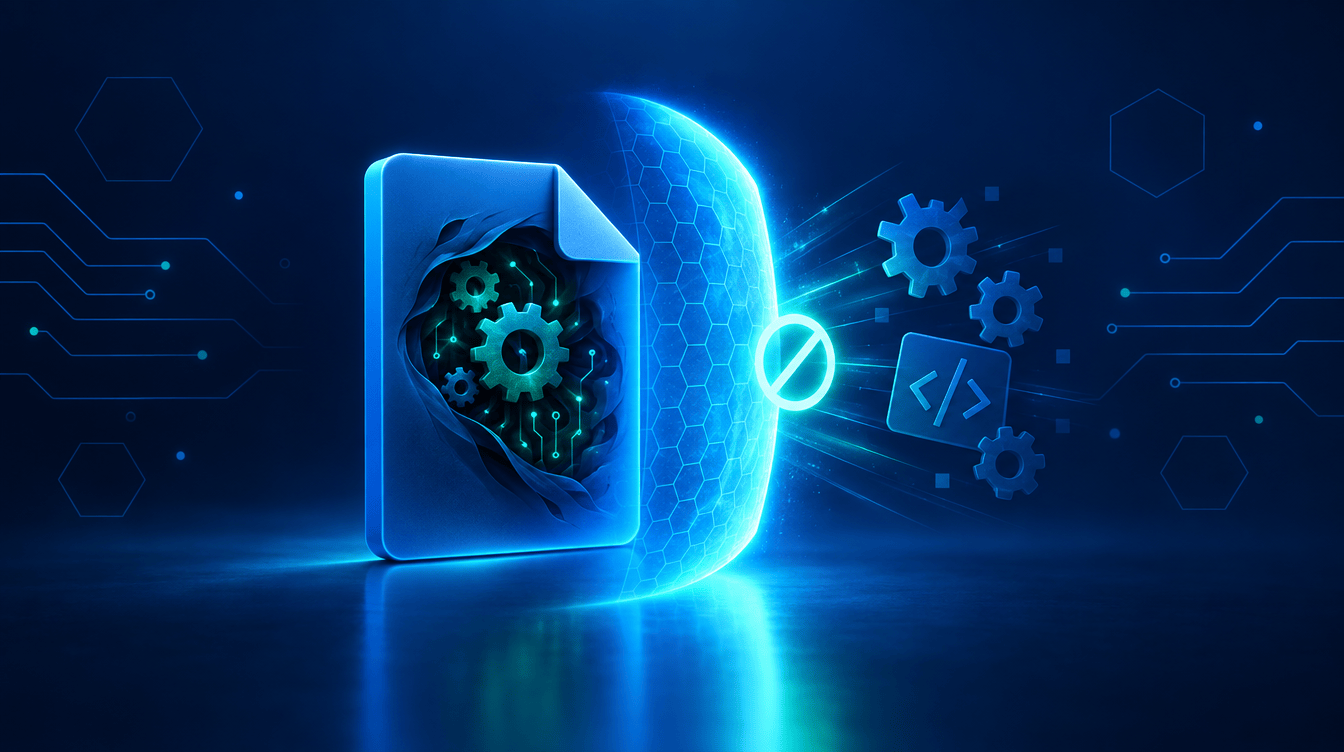 Conceptual illustration of a document with hidden code being blocked by a glowing barrier on a navy background.