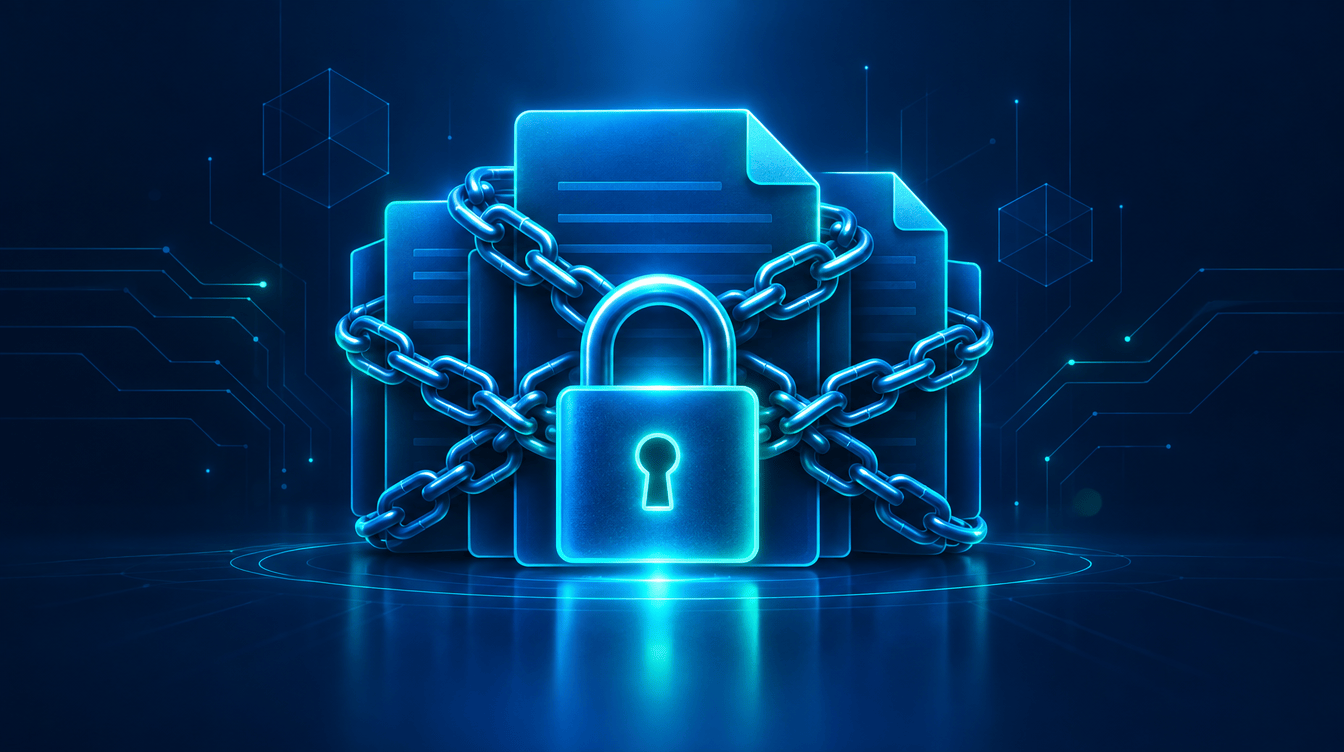 Conceptual illustration of a glowing padlock and chains encrypting data files on a navy background.