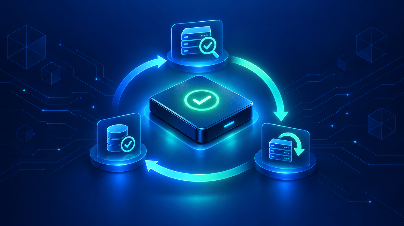 Conceptual illustration of a backup drive with a verification checkmark being restored on a navy background.