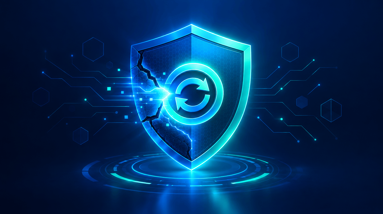 Conceptual illustration of a glowing shield sealing a crack with update arrows on a navy background.
