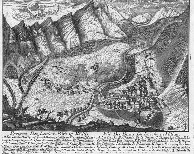 Map of Leukerbad, Switzerland, and environs. Photograph: Sarah Strauss, 2001 [etching 1769].