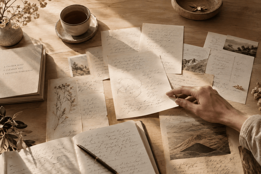 A hand laying out handwritten journal pages and old photographs across a wooden table