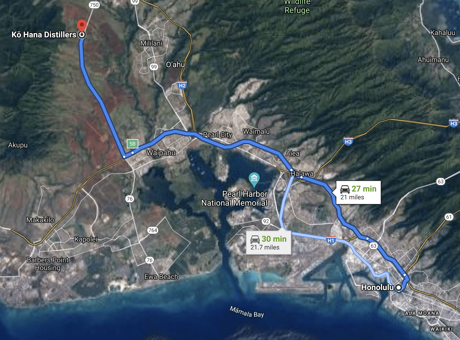 Map to Ko Hana for Oahu Rum