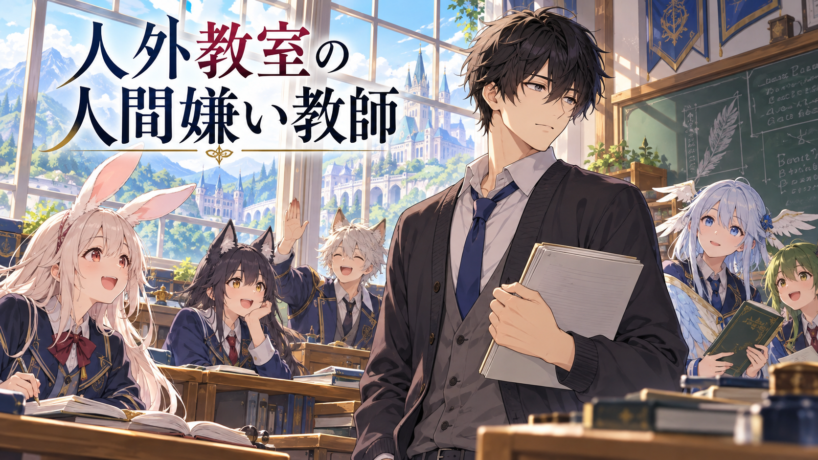 人外教室の人間嫌い教師のタイトル入りアニメセル画調イラスト