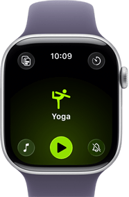 Apple Watch Series 11, aluminum silver case, Yoga Workout open, right side exterior: Digital Crown, purple fog Sport Band