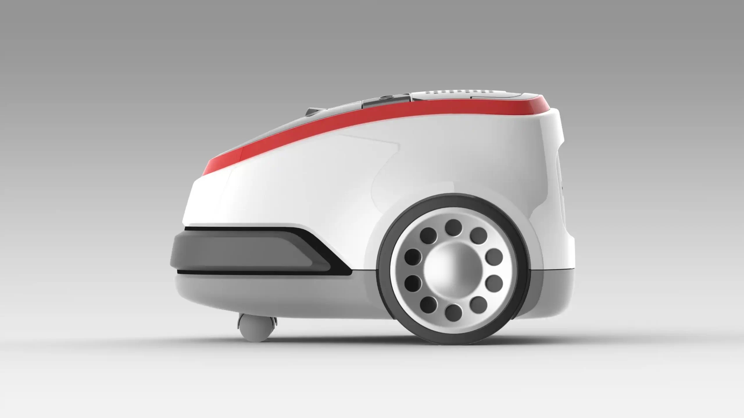 Vacuum Cleaner design with a white body color and a dark gray bumper at the front and a light gray bottom part designed by Selcuk Ozmumcu