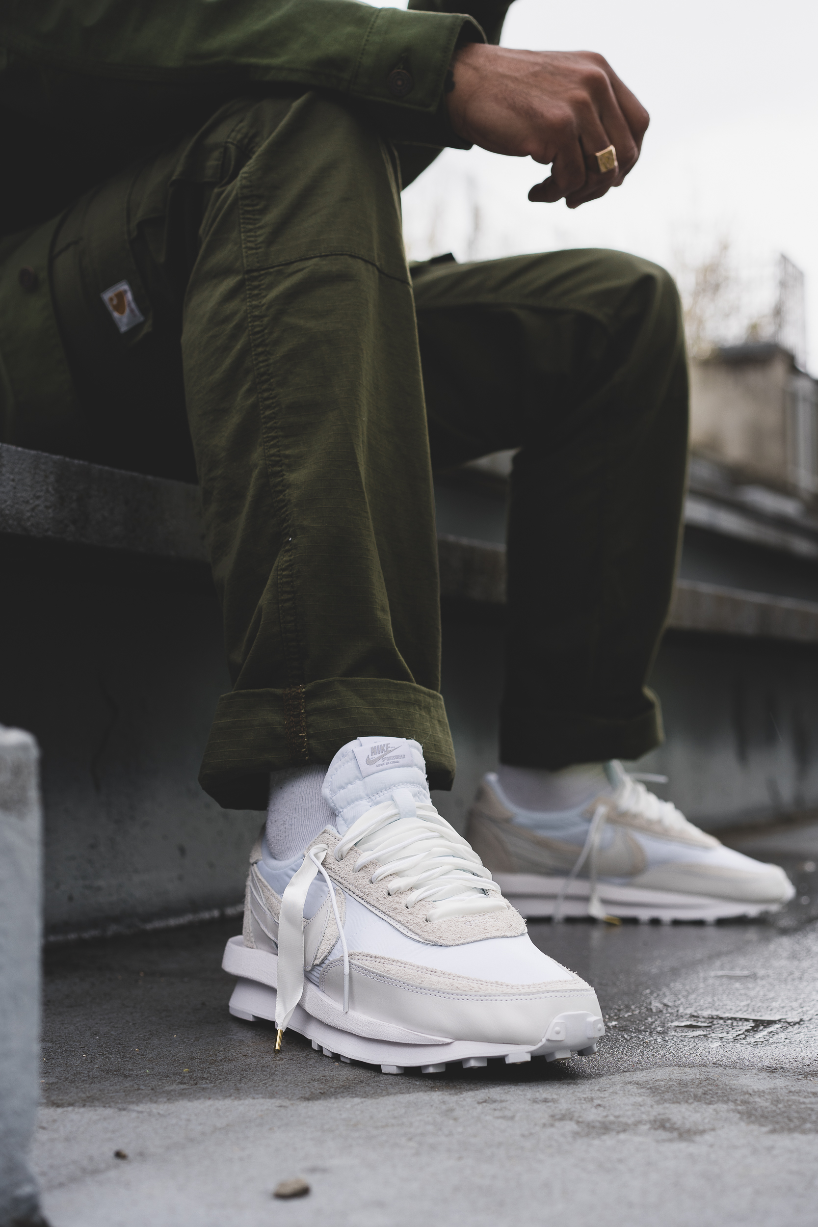 sacai white nylon on feet