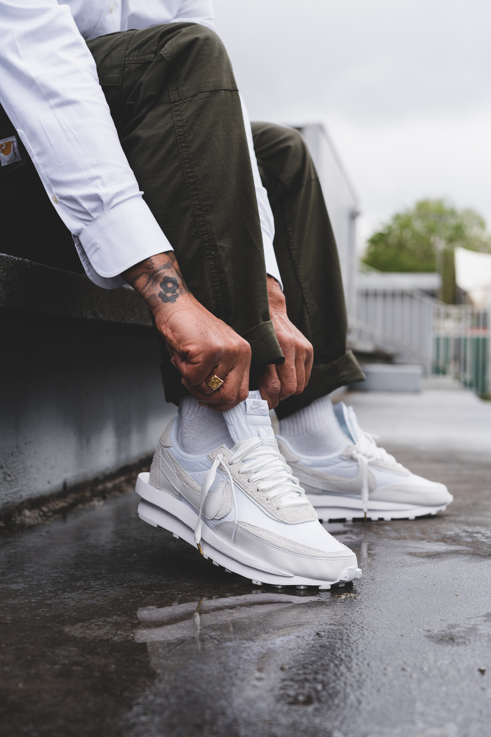 sacai white nylon on feet