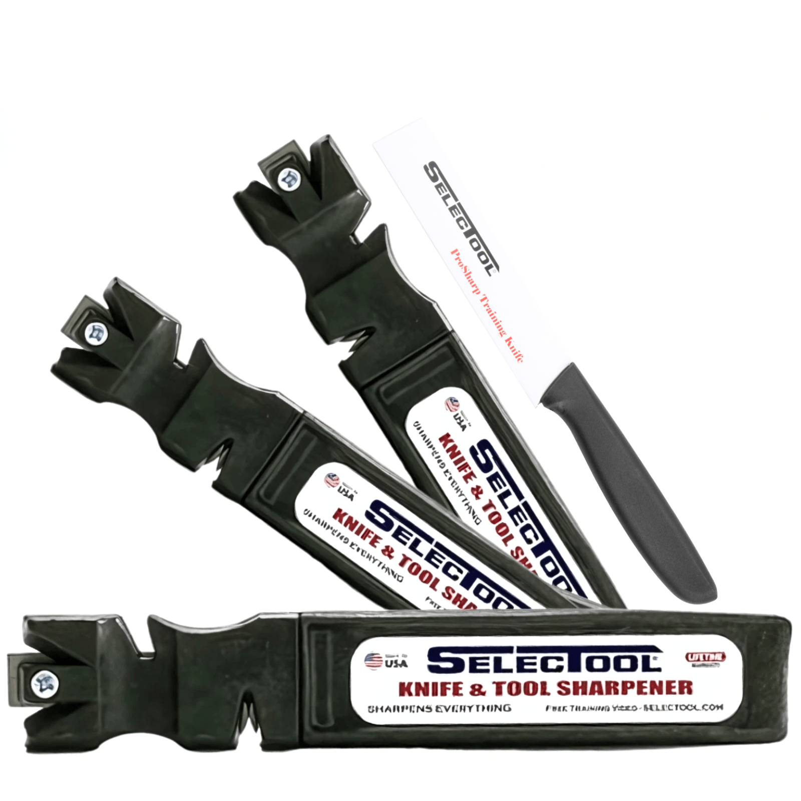 SELECTOOL 3-Pack Knife & Tool Sharpeners + FREE Mat & Practice Knife USA