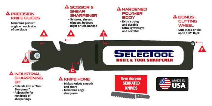 SELECTOOL 4-in-1 Knife & Tool Sharpener Made in USA Multi Purpose Sharpening Too