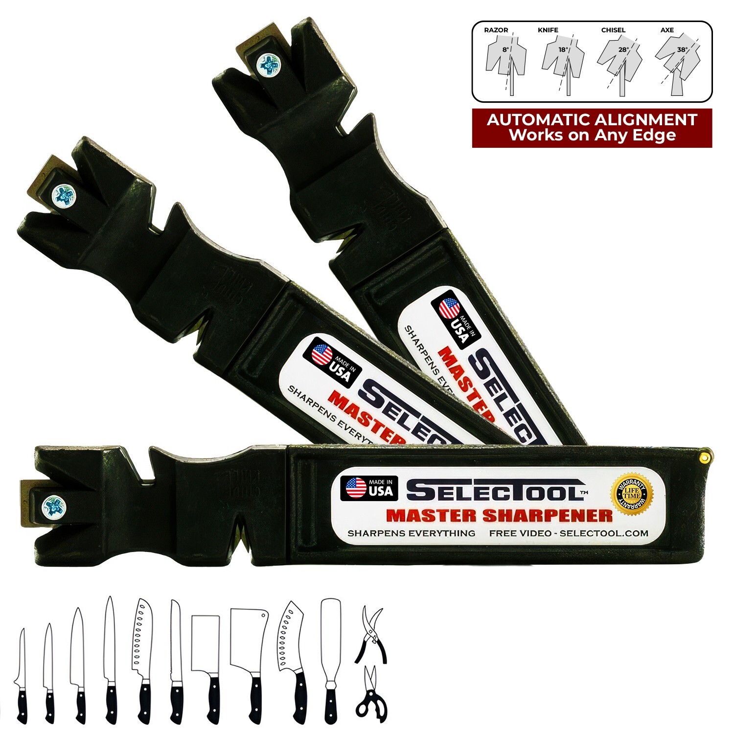 SELECTOOL 3-Pack Knife & Tool Sharpeners + FREE Mat & Practice Knife USA
