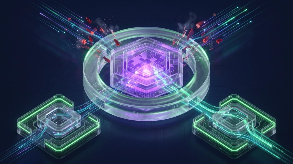 3D glassmorphic architecture visual illustrating dual-layer open-source governance for SAS Viya and Posit Package Manager.
