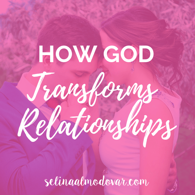 groom kissing bride on her hand with pink overlay and white text that reads, "How God Transforms Relationships"