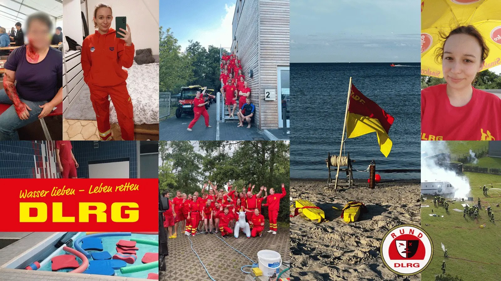 A collage of nine images showcasing DLRG (German Life Saving Society) activities. It features Selina Michelle Stoffer and other volunteers in red and yellow uniforms, a group photo on a staircase, realistic first-aid wound simulation, a rescue flag on a sandy beach, and a large-scale emergency training exercise with fire services. The bottom left includes the DLRG logo with the slogan Wasser lieben – Leben retten.