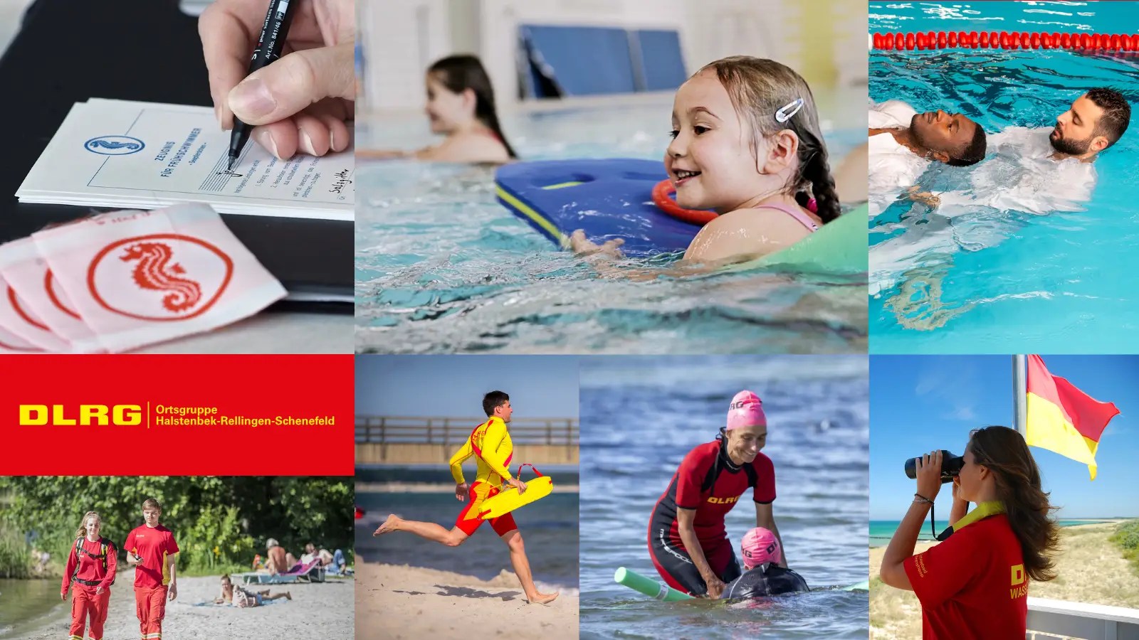 A collage of various DLRG water safety activities: a child’s swimming lesson, rescue training in a pool, lifeguards on beach patrol, and a certificate being signed. Includes the DLRG Halstenbek-Rellingen-Schenefeld logo.