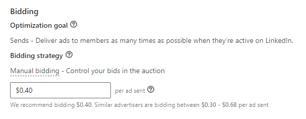Example message ad bidding strategy options