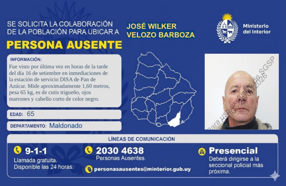 Solicitan colaboración para localizar a un hombre de 65 años en Pan de Azúcar