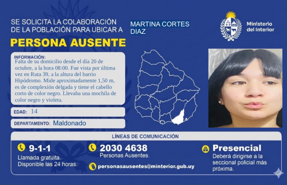 Maldonado: buscan a una adolescente de 14 años ausente de su hogar desde el 20 de octubre