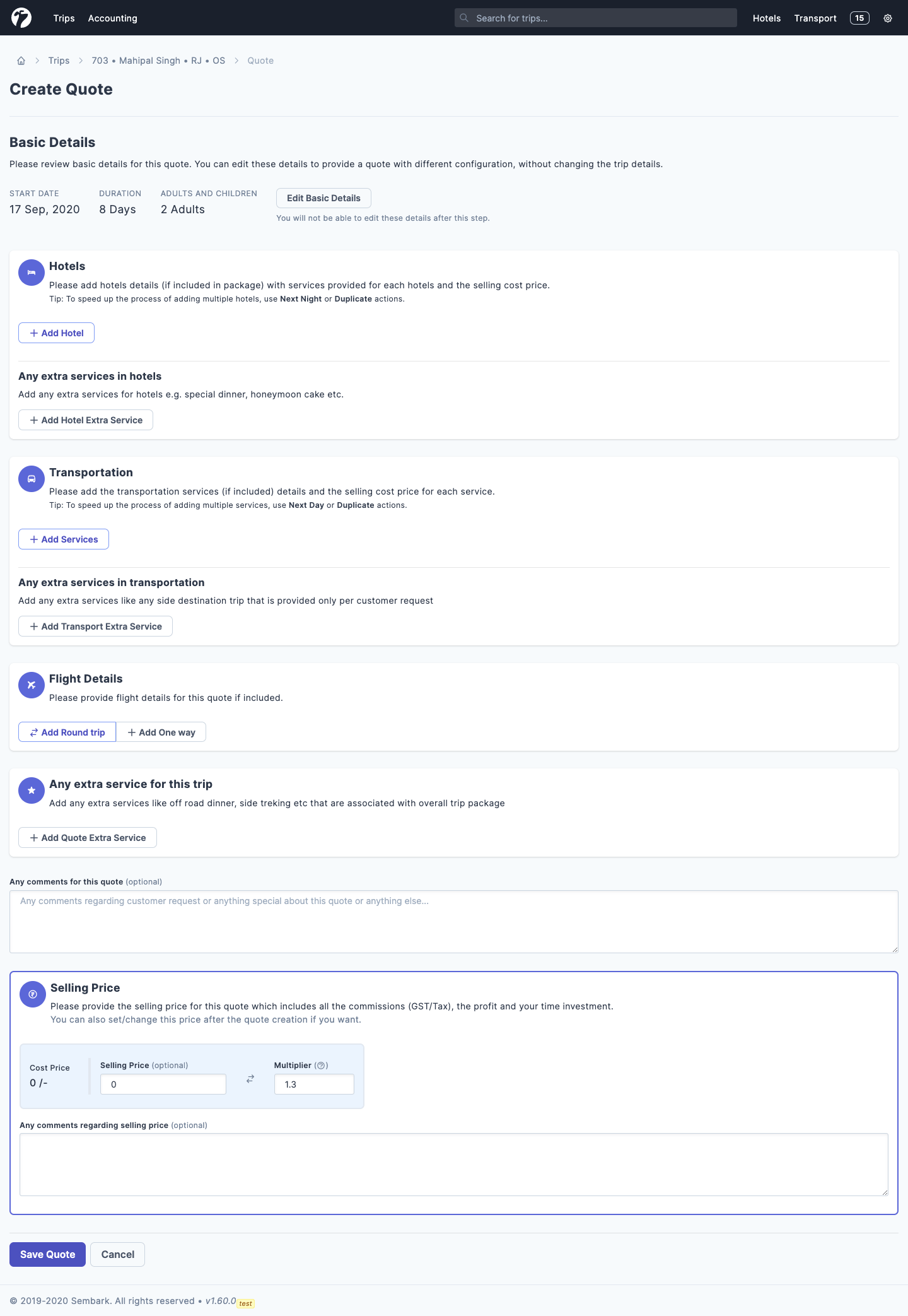 Create New Quote Travel Agency Software Documentation