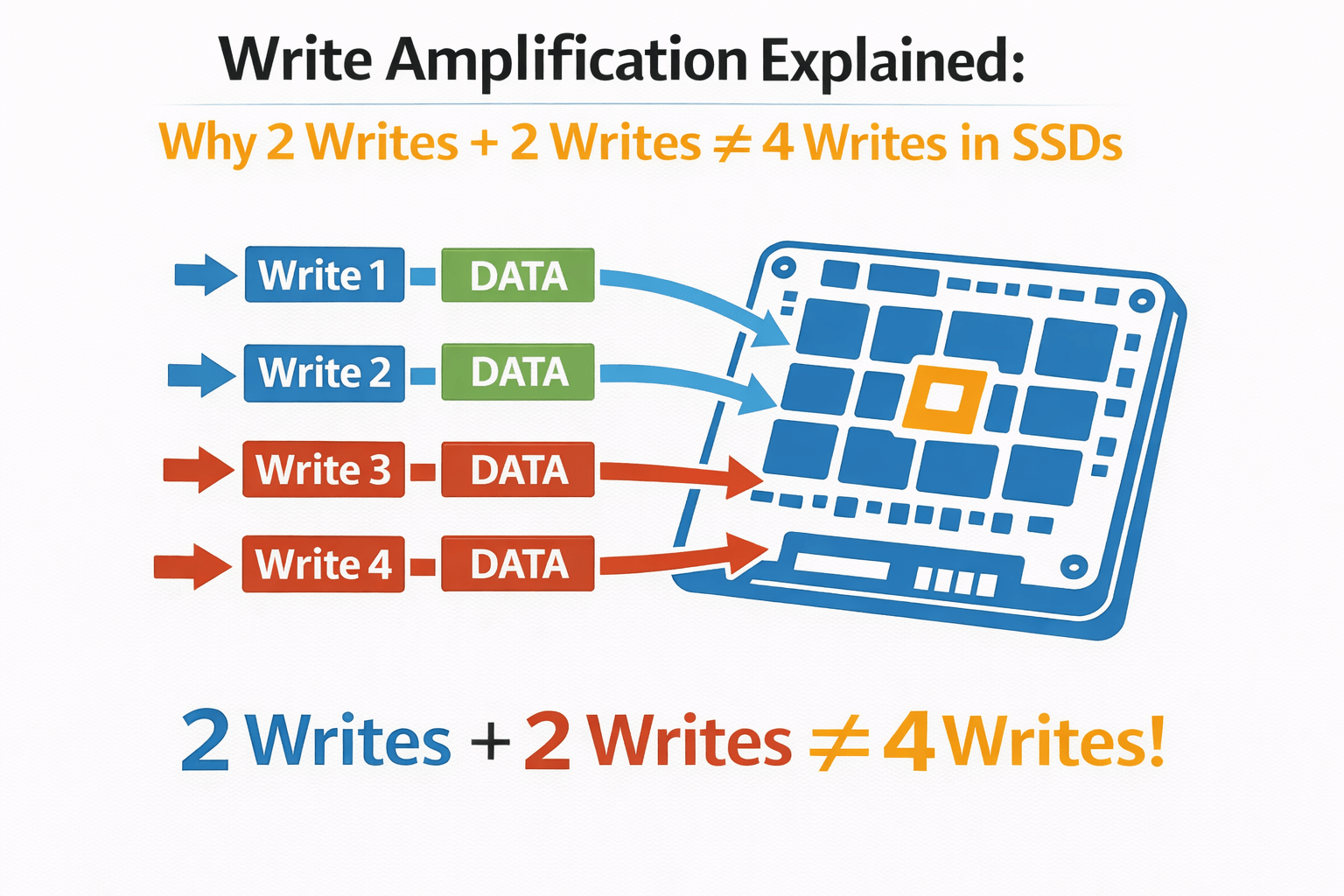 Read more about the article Write Amplification Explained: Why 2 Writes + 2 Writes ≠ 4 Writes in SSDs