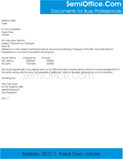 Cheque Sending Letter Format