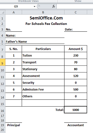 School Fee Slip Format in Excel