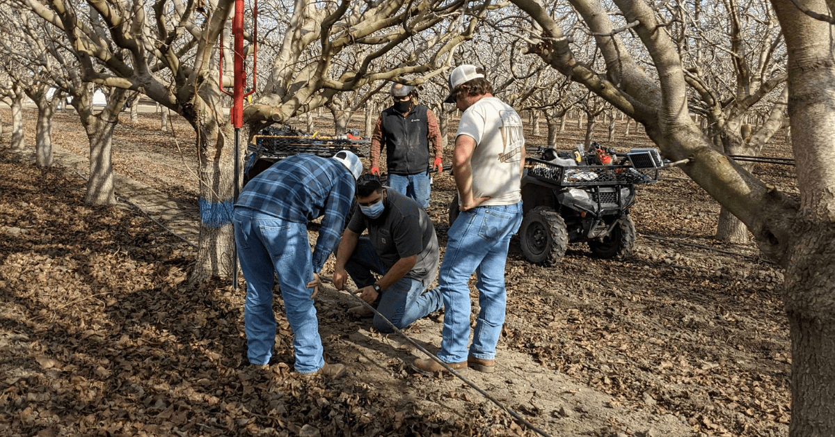 Semios field technicians installing a soil moisture probe