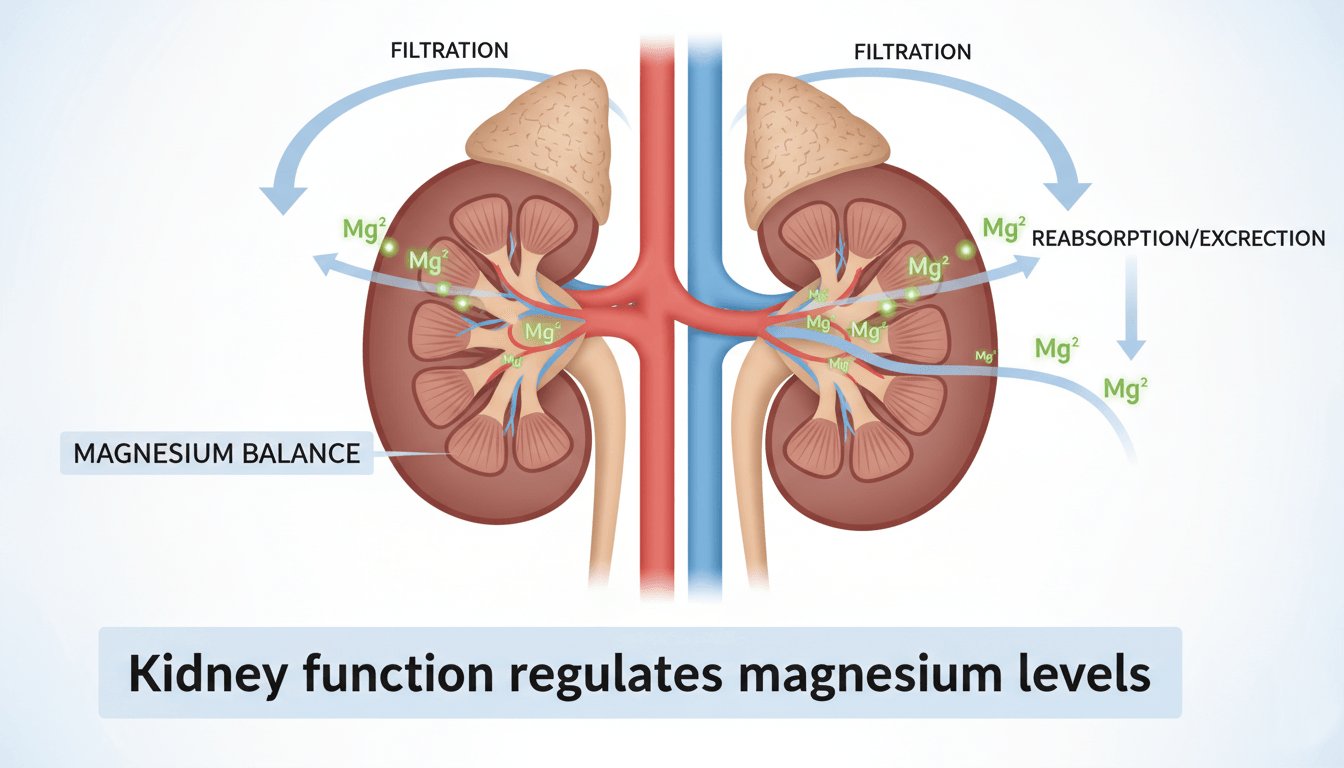 Illustration showing kidneys regulating magnesium levels in the body