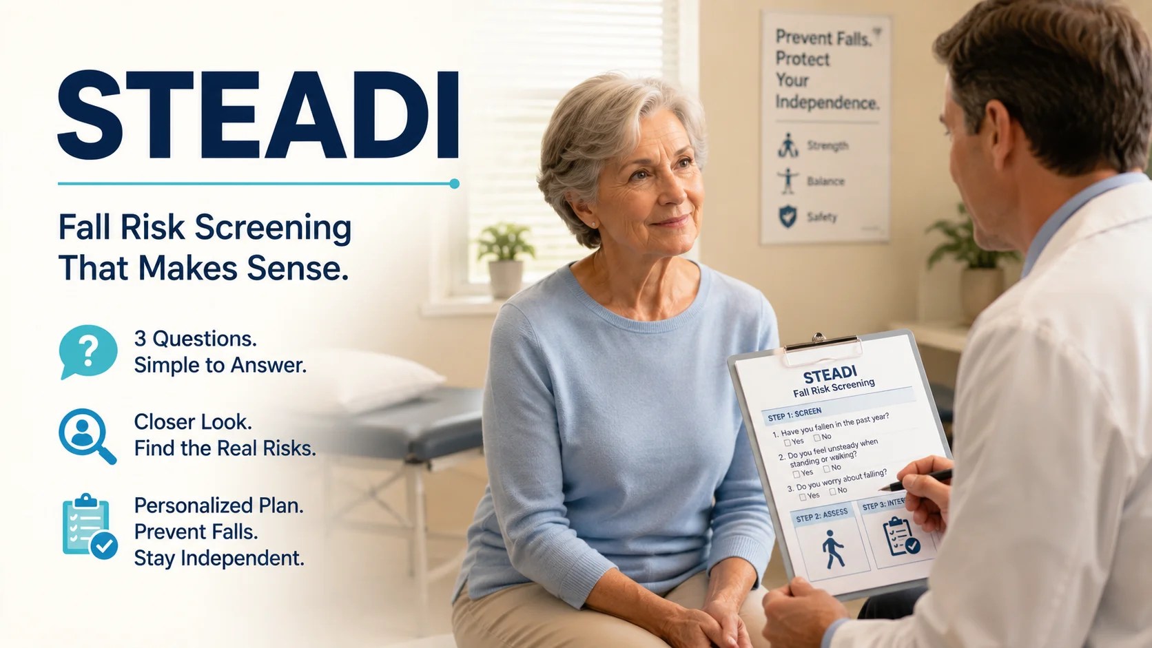 STEADI is a fall-prevention initiative from the Centers for Disease Control and Prevention that gives healthcare providers a standard way to screen older adults for fall risk, assess specific risk factors, and recommend interventions.