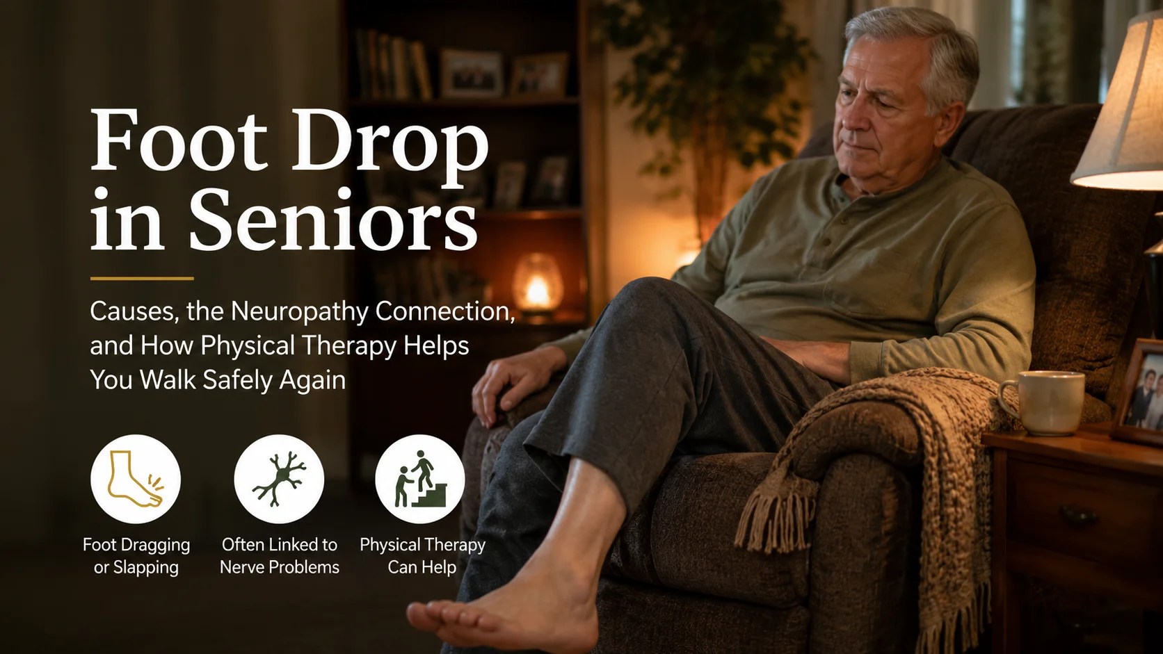 Senior man seated with legs crossed, a common posture linked to peroneal nerve compression and foot drop