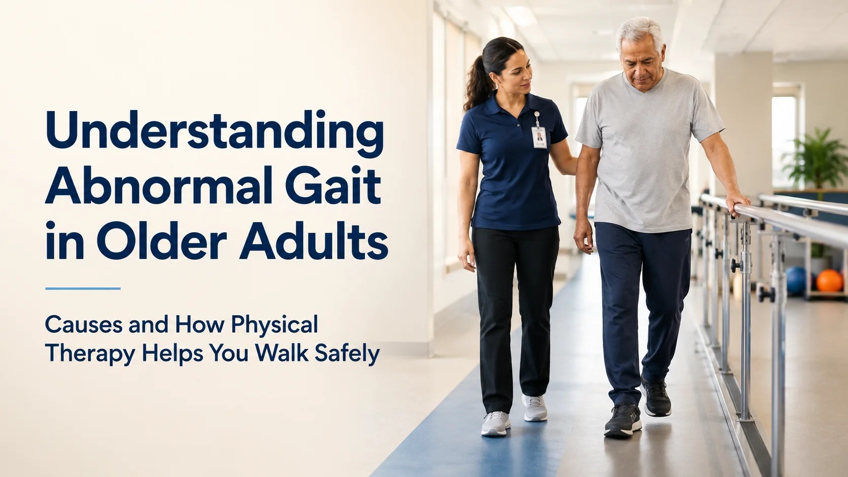 Physical therapist observing a senior woman's walking pattern during a gait assessment
